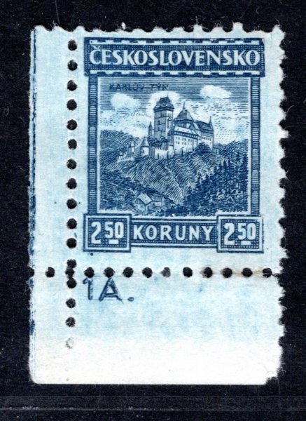 222, lep bez pruhů, Karlštejn, rohová s DČ 1A, modrá 2 Kč