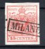 LV3; Lombardsko-Benátsko, 15 Centesimi červená, ruční papír, typ I, deska 1, desková vada PF10a + zrnko v papíru, raz. MILANO, katalog € 50.- +