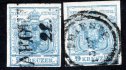 5; 9 kr modrá, ruční papír, typ IIa, dvě známky ze stejného štočku, obě s deskovou vadou PF 74, různé fáze! Katalog Ferchenbauer € 120.- +