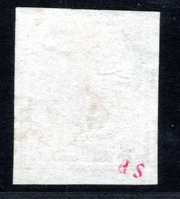3; 3 kr červená, ruční papír, typ Ib, v katalogu neuvedená desková vada: výrazná bílá skvrna v levém křídle + uprostřed vylomený pravý rám