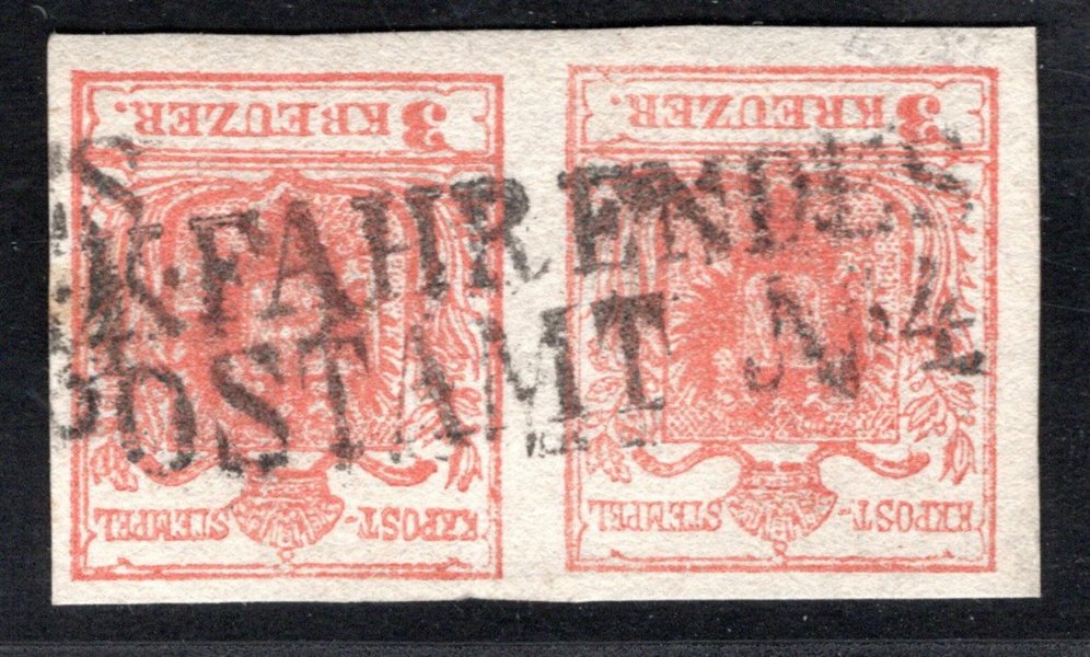 Smytá dvoupáska 3 kr první emise, ruční papír, typ Ib, řádkové raz. vlakové pošty K. K. FAHRENDES POSTAMT No. 4, Vot. 3173/1, 180 bodů, vzácný výskyt.