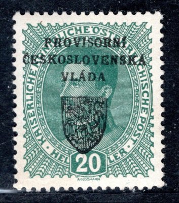 RV 7,  I. Pražský přetisk, modrozelená 20 h zk. Gi, Vr