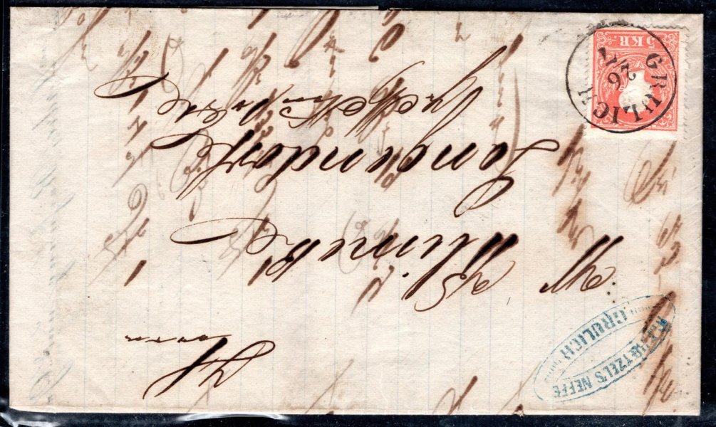 dopis  z Grulich - Králíky s 5 Kr, F.J do Švýcarska, 1860