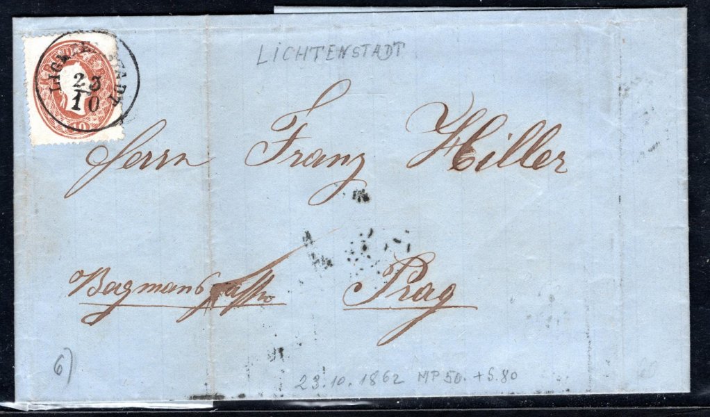 dopis  z Lichtenstadt - Hroznětín, do Prahy s 10 Kr, F.J., 1862