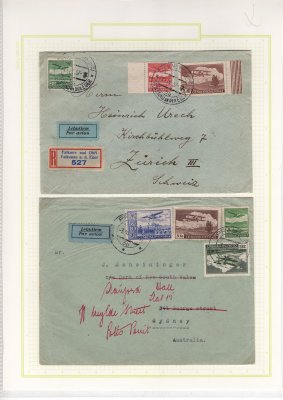 2 ks leteckých celistvostí do ciziny, Australie a Švýcarsko, vyplacené známkami III.letecké emise, lehké stopy poštovního provozu, zajímavé