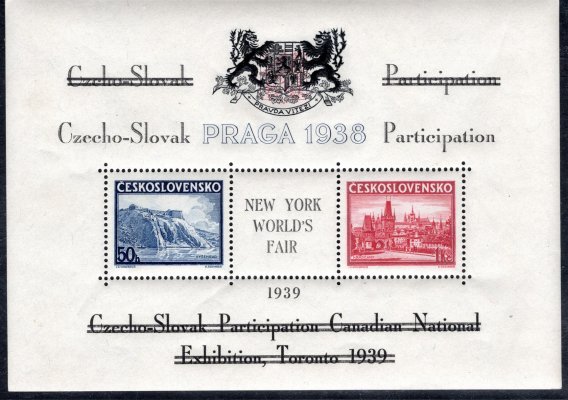 Aršík Praga 38 s přítiskem pro světovou výstavu Toronto 1939, přeškrtnutý, přítisk černý, znak černý
