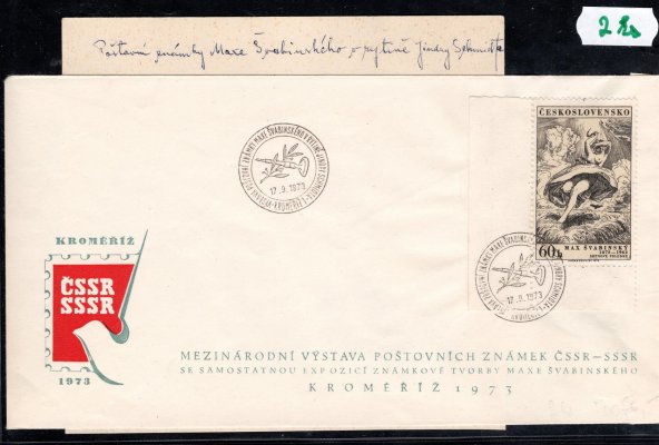 návrh razítka k výstavě "Poštovní známky Maxe Švabinského", v rytině Jindry Schmidta, Kroměříž 1973, kresba tuší, rozměr 140x130 mm+ oficiální obálka k této výstavě, vzácné a hledané