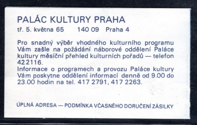 2736 Zs, privátní, Palác kultury s 10-ti známkami 50 h, k XVII. sjezdu KSČ, vydání pouze pro účastníky sjezdu, katalog neuvádí, přiložena FDC, mimořádná položka