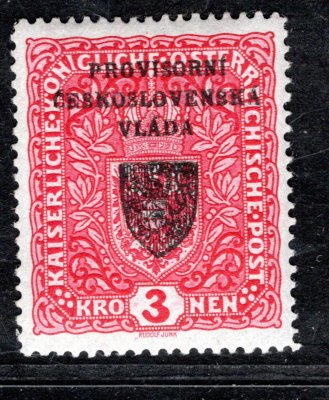 RV 17 ; Pražský Přetisk I - 3  koruna formát úzký, papír základní , zkoušeno Mrňák 