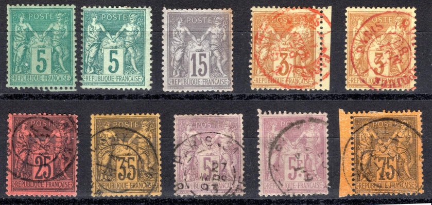 1876 - 1886 ; sestava použitých a nepoužitých známek - Michel 59 II ( 2 x) , 61 II, 70 ( 2 x) 74, 75, 76, 82, 10 y. Alegorie mj. vzácné 15 C šedá nepoužitá, 2 x 5 FR - krajový kus - červené razítko- pěkná sestava, kat.cena 1120 euro 