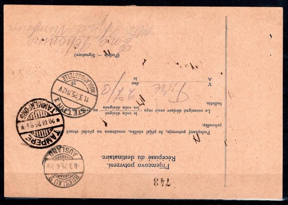 CPP 16, poštovní průvodka zaslaná z Jičína 6/III/25 do Finska 10/III/25. lehké stopy poštovního provozu
