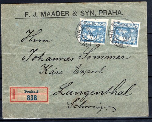 firemní R dopis do Švýcarska, vyplacený  2 x 25 h modrá, raz. Praha 5, 29/3/19, přesný tarif v I. TO