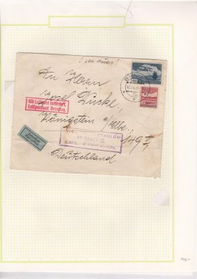 letecký dopis do Německa, se známkami III. emise L 8 a 11, rámečkové letecké razítko Brno a dtto červené - německé letecké pošty, podací Brno, příchozí Drážďany