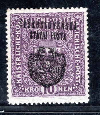 RV 40,  II. Pražský přetisk, papír žilkovaný,  široká ! znak, fialová 10 K, zk. Gi
