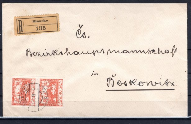 R dopis z Blanska 21.7.1919 do Boskovitz, vyplacený dvoupáskou 2 x č. 14, 40 h oranžová, v II. Tarifním období, 25 + 5 h + 50 h R poplatek, správné Porto