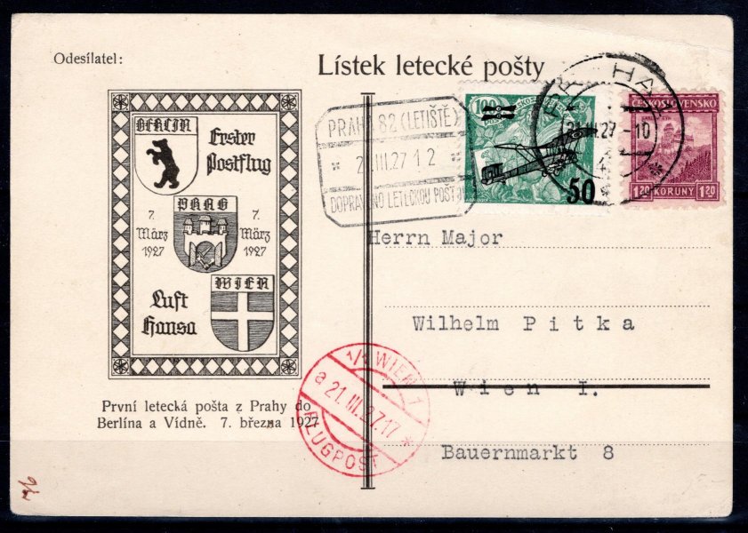 letecká karta I. letu Praha - Berlín Vídeň vyplacena L 4 a 1,20 Kč - emise města. Podací Praha 1, rámečkové letecké Praha 7, 21/III/27, červené příchozí Vídeň, 21/III/27