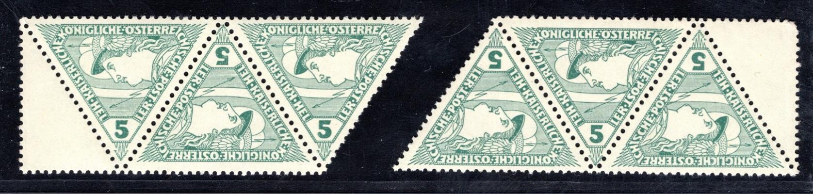 Rakousko, Mi. 218, trojúhelník, levá a pravá krajová třípáska s 1/2 kupónem, zelená 5 h