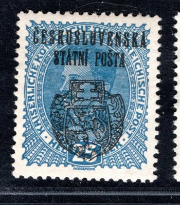RV 29,  II. Pražský přetisk, Karel, modrá 25 h, zk. Gi, Mr, Vr