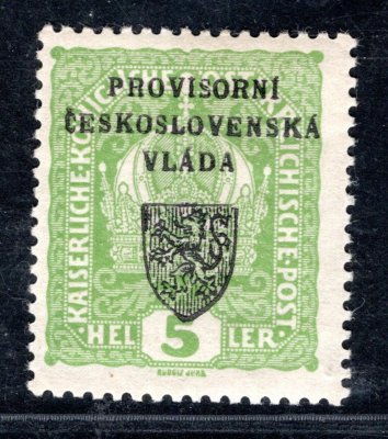 RV 2,  I. Pražský přetisk, koruna, zelená 5 h, zk. Gi