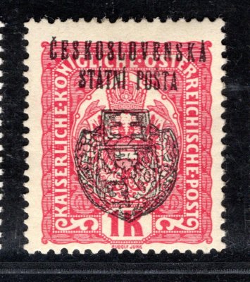 RV 36,  II. Pražský přetisk, znak, červená 1 K, zk. Vr