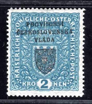 RV 16a,  I. Pražský přetisk, formát úzký, papír žilkovaný, znak, modrá 2 K
