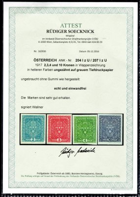Rakousko ANK 204 - 7 Iz U, nevydané, nezoubkované, znak 2 - 10 K, atest Soecknick, vzácná a hledaná řada