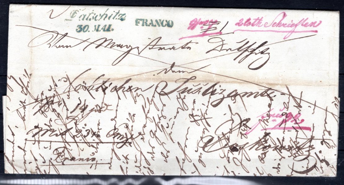 Skládaný dopis z Dačic do Boskovic, r. 1849; modré řádkové raz. Datschitz; 30. MAI., Votoček č. 384/2, 60 bodů + modré raz. FRANCO 