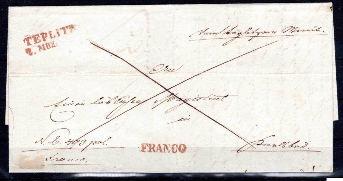 Skládaný dopis z Teplic do Karlových Varů, r.1844 ; červené řádkové raz. TEPLITZ, 2. MRZ., Votoček č. 2412/11 60 bodů + červené raz. FRANCO  