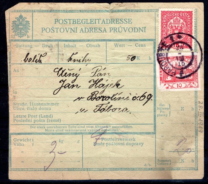 2/3 část balíkové průvodky se smíšenou frankaturou Rakousko/Hradčany, přeložené, hnědé skvrny, stopy poštovního provozu