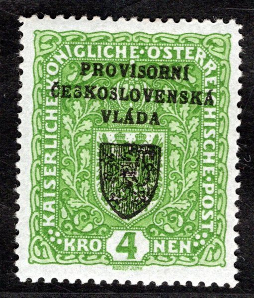 RV 18, I. Pražský přetisk, znak, světle zelená 4 K, úzká, zk. Tr, Hi, Fr, Vr