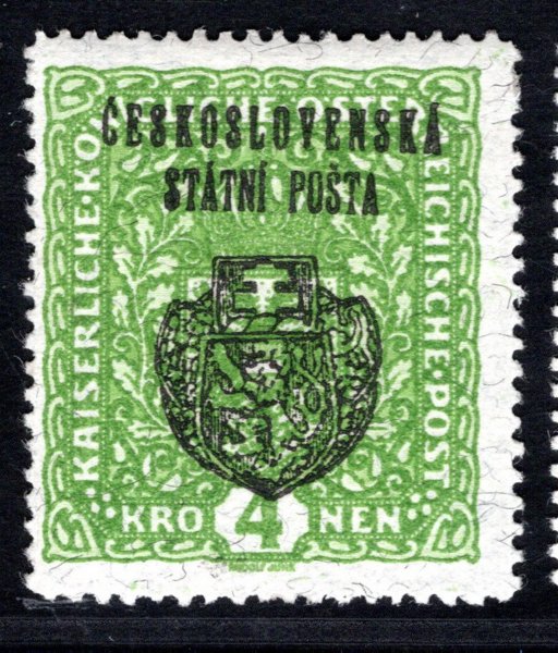 RV 39 a,  II. Pražský přetisk, znak, světle zelená 4 K, papír žilkovaný - formát široký , zk. Le, Gi