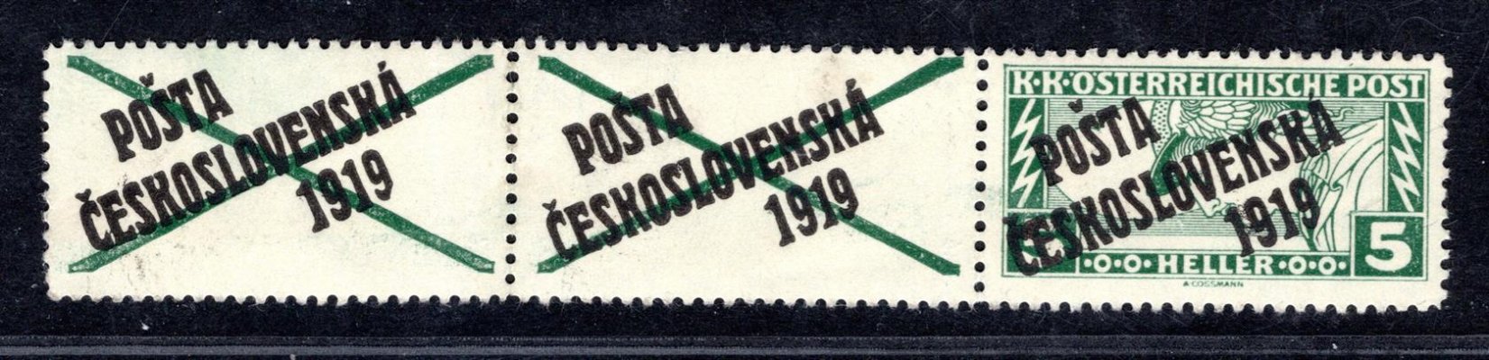 58 B K, typ III+II+III, obdélník se dvěma vodorovnými kupony,( nepatrně zpevněno v zoubkování )  zelená 5 h, částečný obtisk, zk. Gi, vzácné ! 