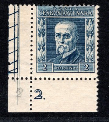 195, P 8, typ II, TGM, modrá 2 Kč, rohová s DČ 2. , zk. Gi