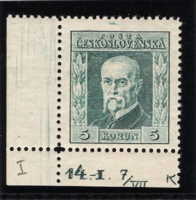 193 I B, P 7 typ I, TGM, rohová s DČ 14.-I. 7/VII K,  zelená 5 Kč, zk. Gilbert