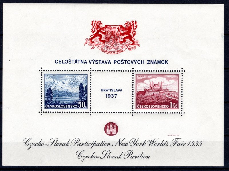 AS 8 b, A 329 - 30, Bratislava 1937, přítisk pro výstavu NY 1939, přítisk černý,  znak červený