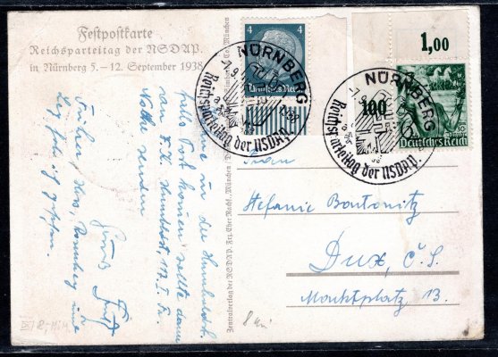 propaganda, pohlednice, přeložena, na zadní straně známky DR a razítko sjezdu NSDAP