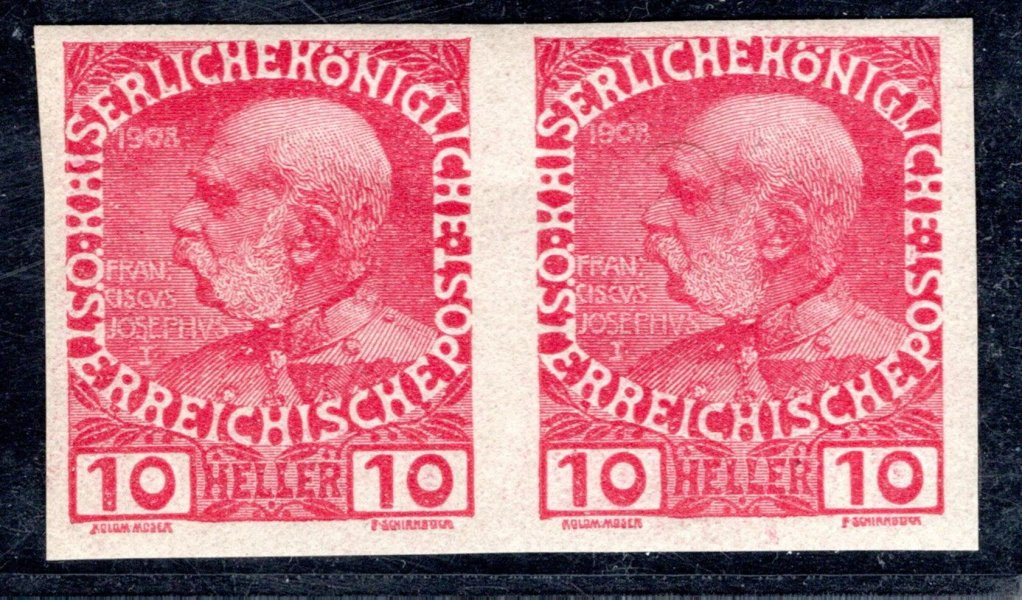 144 U, císař Franz Josef,10 h červená, dvoupáska, nezoubkovaná, hledaná známka  (použito pro revoluční přetisky)