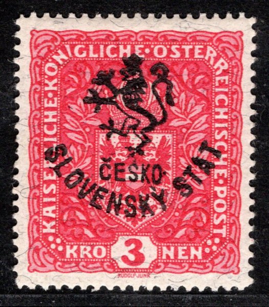 RV 59a, Marešův přetisk, znak, formát  široký, papír žilkovaný, červená 3 K, zk. Gilbert, Vrba