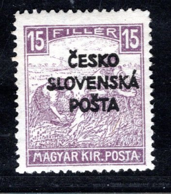 RV, Šrobárův přetisk, nevydaná, bílá čísla, ženci , fialová 15 f,  zk. Gilbert, Stupka, Vrba