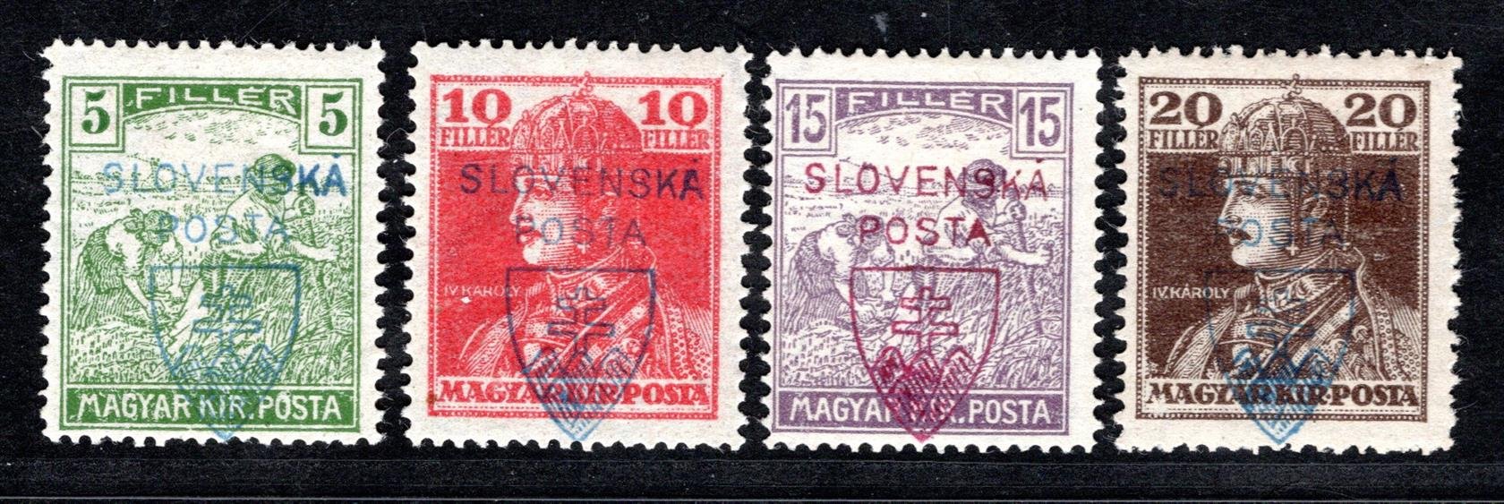 RV 163 - 6 ZT, Jehličkův přetisk, zkusmé přetisky v barvách, 5 f zelená - modrý, 10 f červená - modrý, 15 f fialová - červený, 20 f hnědá - modrý, krásná řada s původním lepem s nálepkou, bez znaleckých značek, atest Vrba, velmi vzácné a hledané