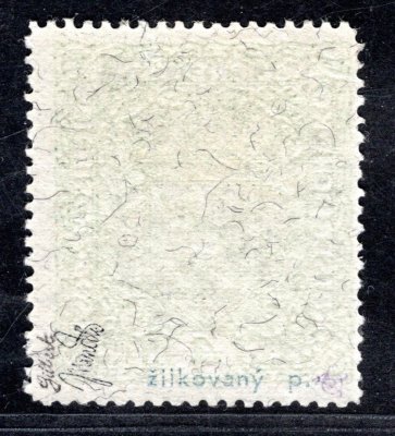 RV 39a,  II. Pražský přetisk, formát široký, papír žilkovaný, znak,  zelená 4 K, zk. Gilbert, Mrňák