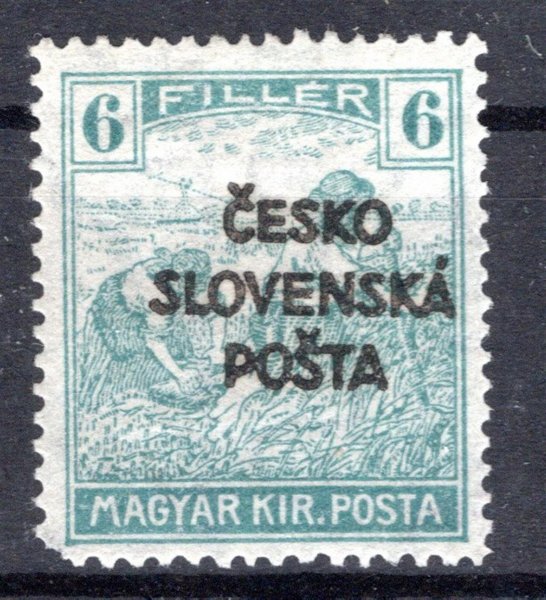 RV 141, Šrobárův přetisk, ženci, modrozelená 6 f, zk. Mrňák, tupý roh