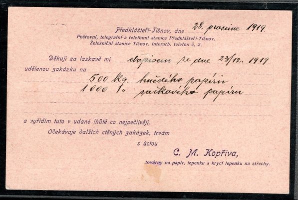 Ex karta zaslaná z Předklášteří, 28/XII/19 do Brna, vplacena smíšenou frankaturou č. 7 Hradčany 15 h a č. 44, PČ 1919, 60 h, zkoušeno Karásek, hezká a zajímavá celistvost