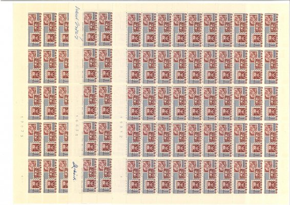 1654 - Den čs. poštovní známky -  kompletní archy s podpisy a bez podpisů  rytců a daty tisku, rozšířeno o něktěré TD -  archy mohou obsahovat deskové vady v katalogu uváděné či zatím neuvedené - zcela mimořádné 