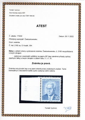 2165 xa, papír bp, Husák, krajová známka s datem tisku, vzácné -   mimořádná známka navíc s datem tisku ! Atest Vychron 