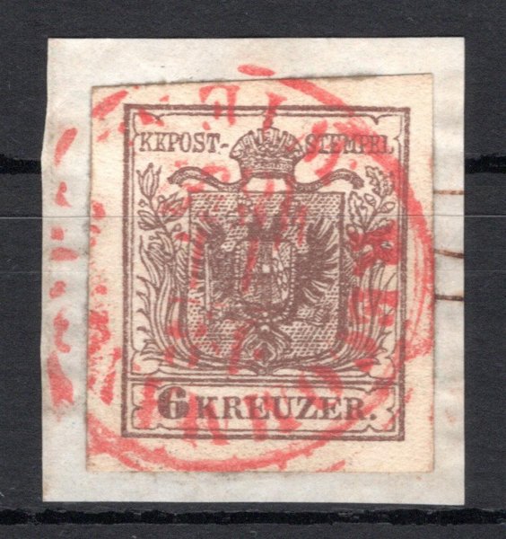 4; 6 kr hnědá, strojní papír, typ III, na výstřižku s červeným raz. WIEN, 18 / 11 1857, katalog Ferchenbauer € 150.-