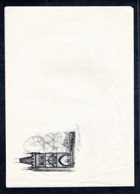 List tenkého papíru s otiskem rytiny staroměstské mostecké věže s podpisem rytce J. Goldschmieda podle kresby A. Erhardta, nová rytina připravená pro použití v rámci výstavy Praga 55 podle dřívějšího diapozitivu, první rytina použitá na pamětní obálku ústředí čsl. filat. spolků byla ztracena, obálka přiložena, velmi zajímavé a dekorativní

