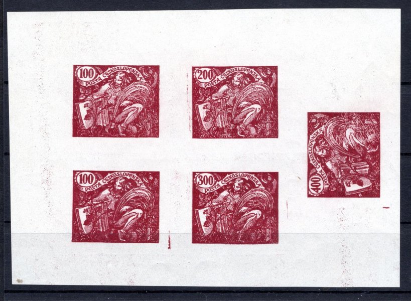 HaV 1920 ZT – zinkografický štoček, 100+100+200+300+400 – známkový papír – vyčištěná deska, tmavě červený tisk, 1 stopa po nálepce mimo známek v okraji, DVL, MR 3.000 – podceněné, zk. Beneš, Pofis