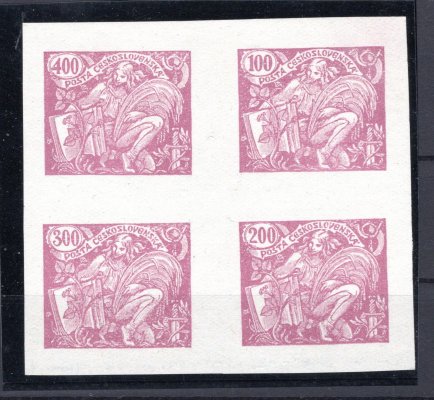 HaV 1920 ZT – knihtisk z výchozí rytiny do mědi – známkový papír (vzácnější nestandardní uspořádání hodnot), ze soutisku 14-ti známek 4 emisí, fialově červený tisk, MR 3.000 +, zk. Gilbert