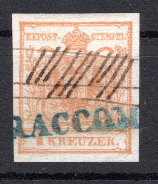 Rakousko 1850, Ferch.1HI, 1kr "rotlichbraunorange" - nejvzácnější barva u 1Kr, navíc modré RACCOM a ruční znehodnocení, atest Matl, a Ferchenbauer - "Prachtstuck",  kat. min. 5600 EUR, jasný UNIKÁT ! 